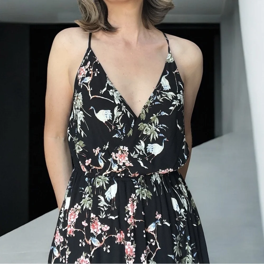 Banana Republic Black Floral Birds Midi Dress Strappy Summer Dress 4 - Picture 4 of 13